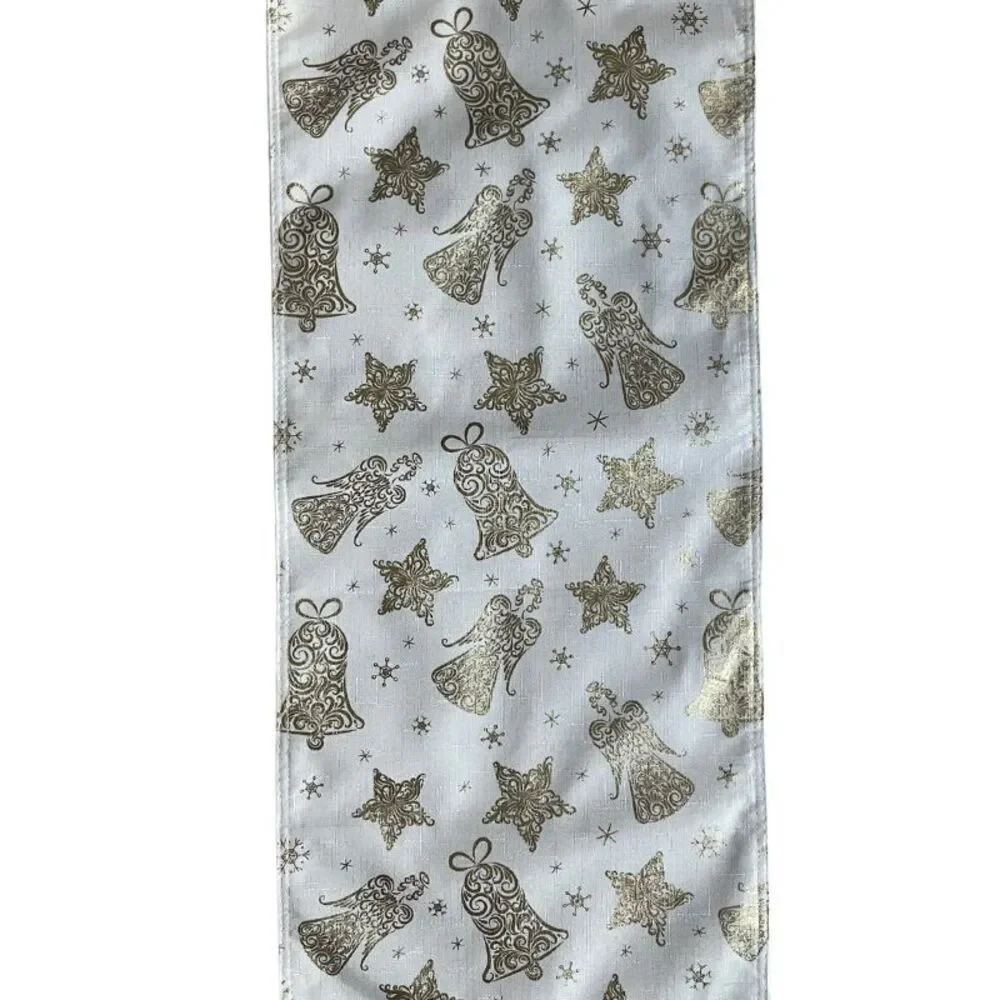 Christmas Table Runner 14 x 72 White and Gold Angel Chimes Decorative Polyester